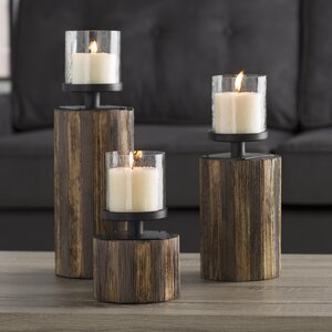3 Piece Wood, Glass & Metal Candlestick Set