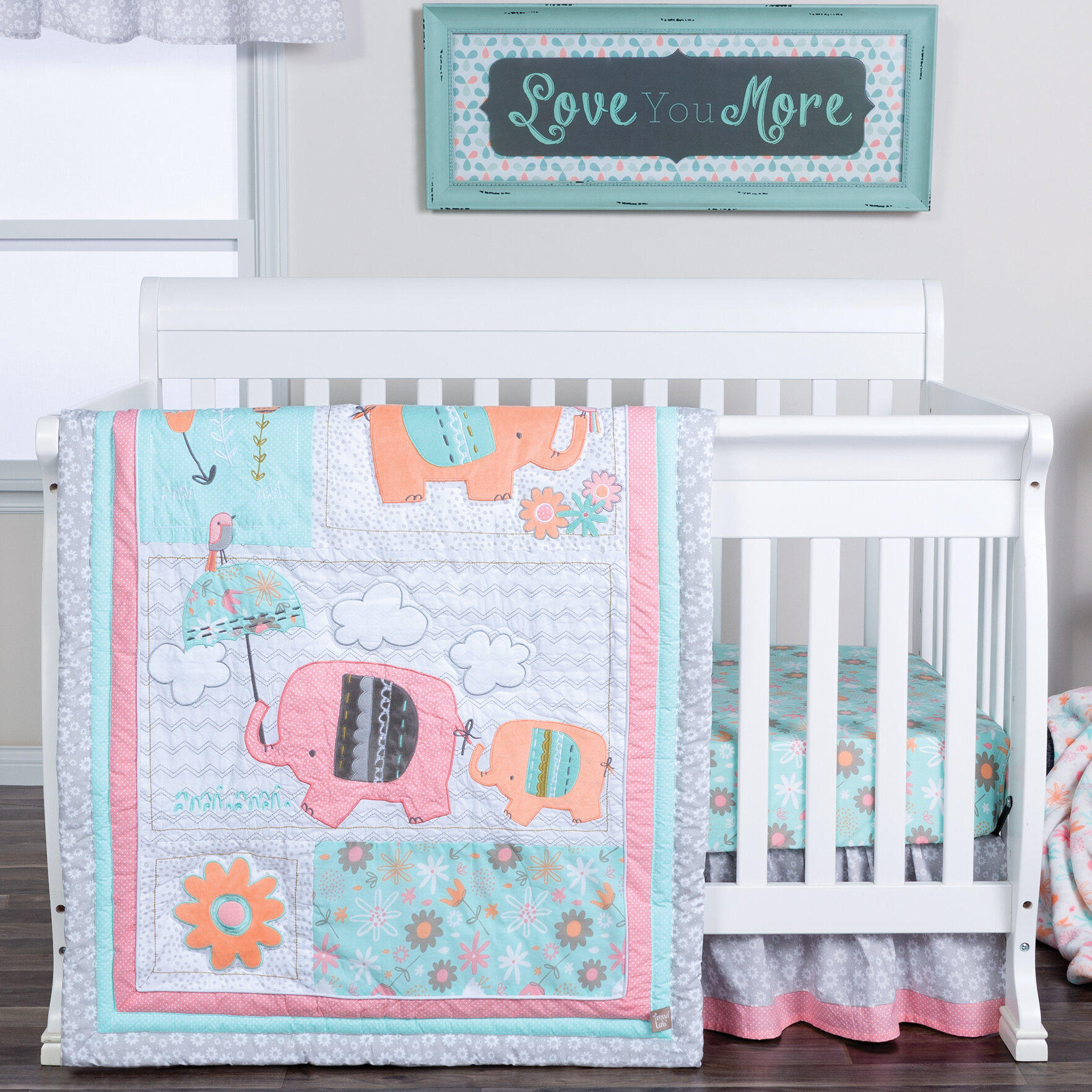 Grey Elephant And Chevron Patchwork 3 Piece Crib Bedding Set With