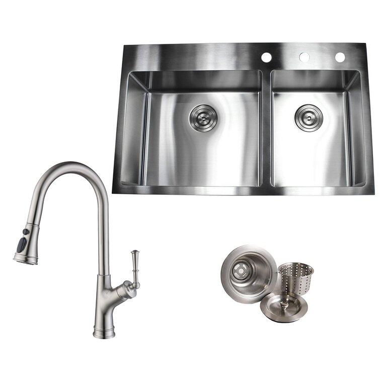 Brushed Stainless Steel Top Mount Kitchen Bowl Sink Includes Full Plumbing Kit 
