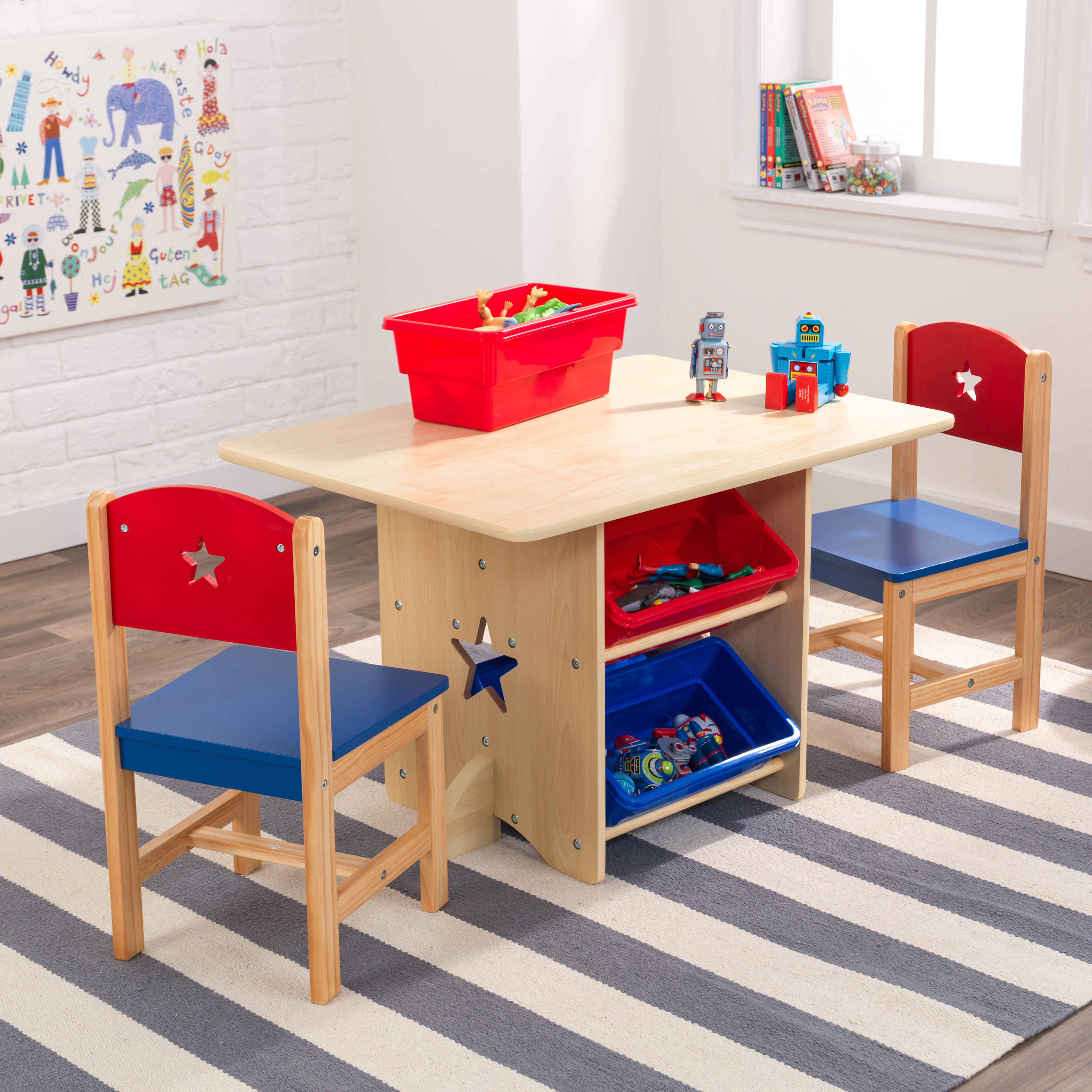 childrens wooden table and chairs with storage