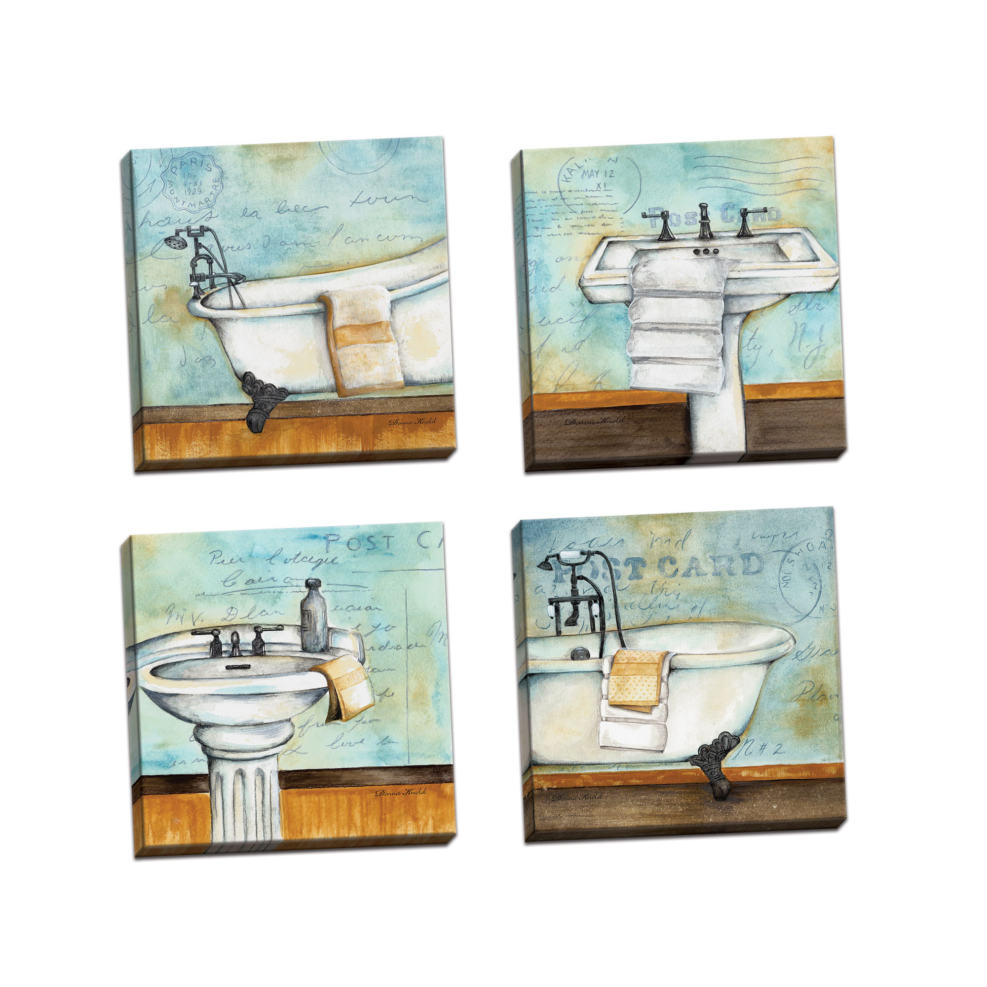 Red Barrel Studio Vintage Bathtub And Sink Bathroom By Donna Knold 4 Piece Graphic Art Set On Canvas Reviews Wayfair