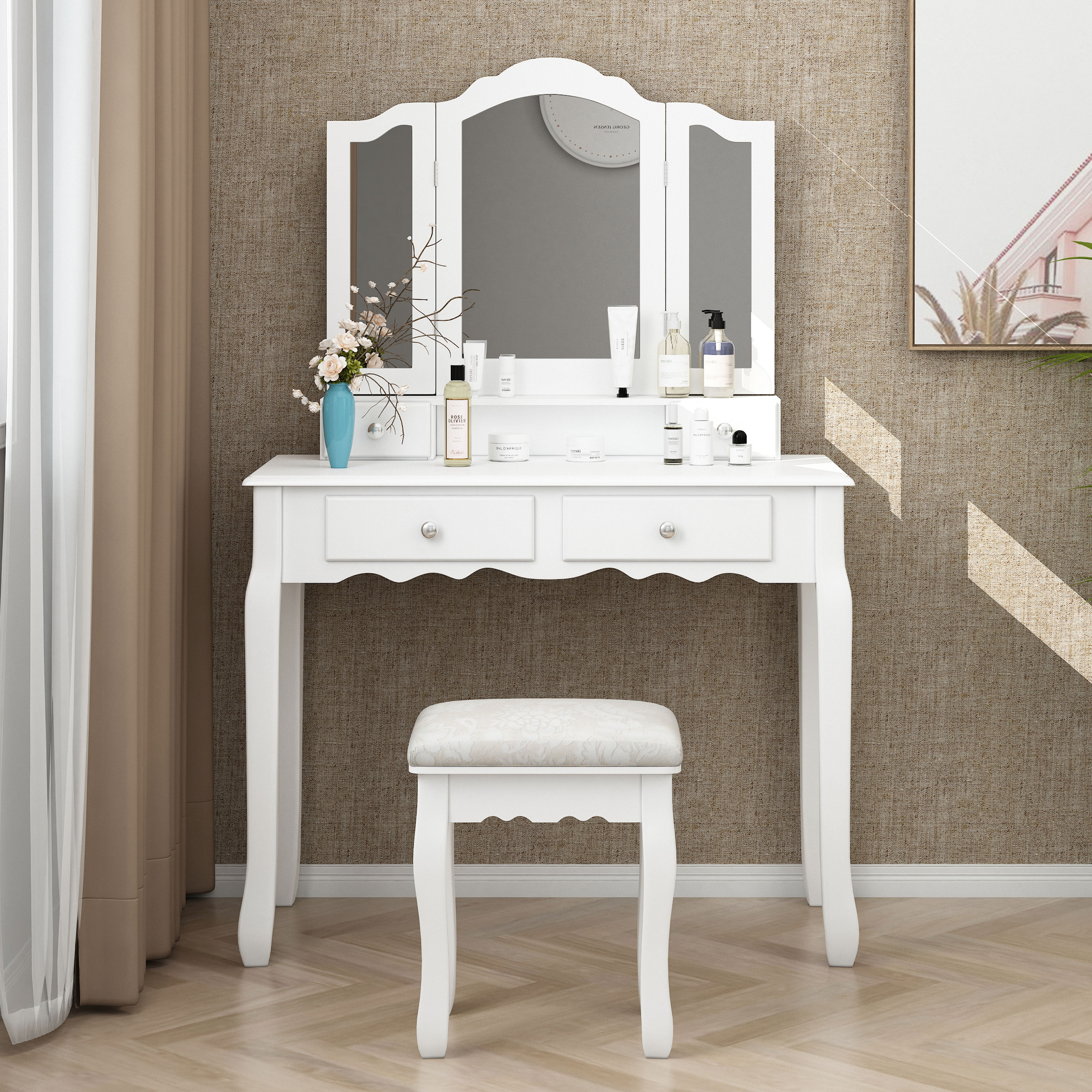 House Of Hampton Tri Fold Mirror Makeup Vanity Table Set Wayfair