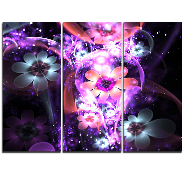 Designart Fractal Flower Dark Purple 3 Piece Graphic Art On Wrapped Canvas Set Wayfair