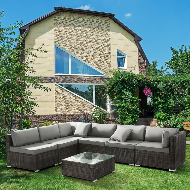All Weather Outdoor Sectional Sofa Patio Conversation Set with Tea Table&Washable Couch Cushions