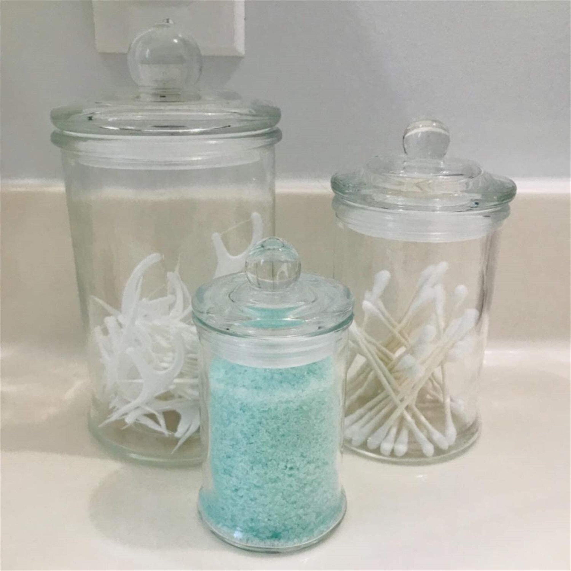 3 Glass Apothecary Jars With Lids, Clear Glass Canisters Set Bathroom  Storage And Organization For cotton swab, Cotton Swabs, Cotton Balls, Bath  Salts