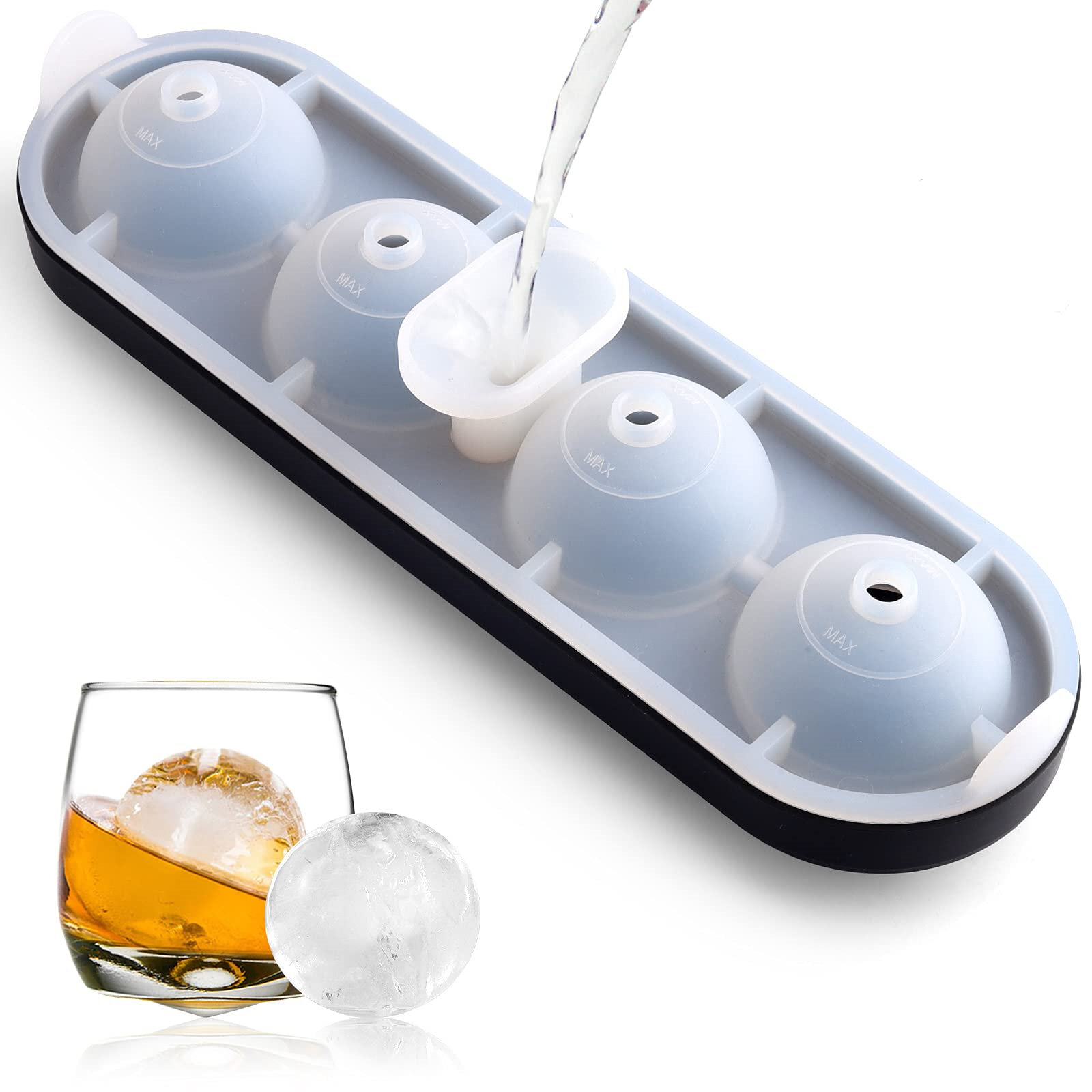 2x Round Ice Balls Maker Tray FOUR 1.8in Sphere Molds Cube Whiskey Cocktails BLK 