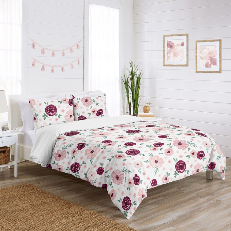 Twin Bed Sheet Set For Sweet Jojo Pink Grey Watercolor Floral Girls Teen Bedding 