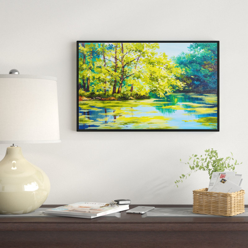 East Urban Home Blue Lake Under Green Tree Framed Oil Painting