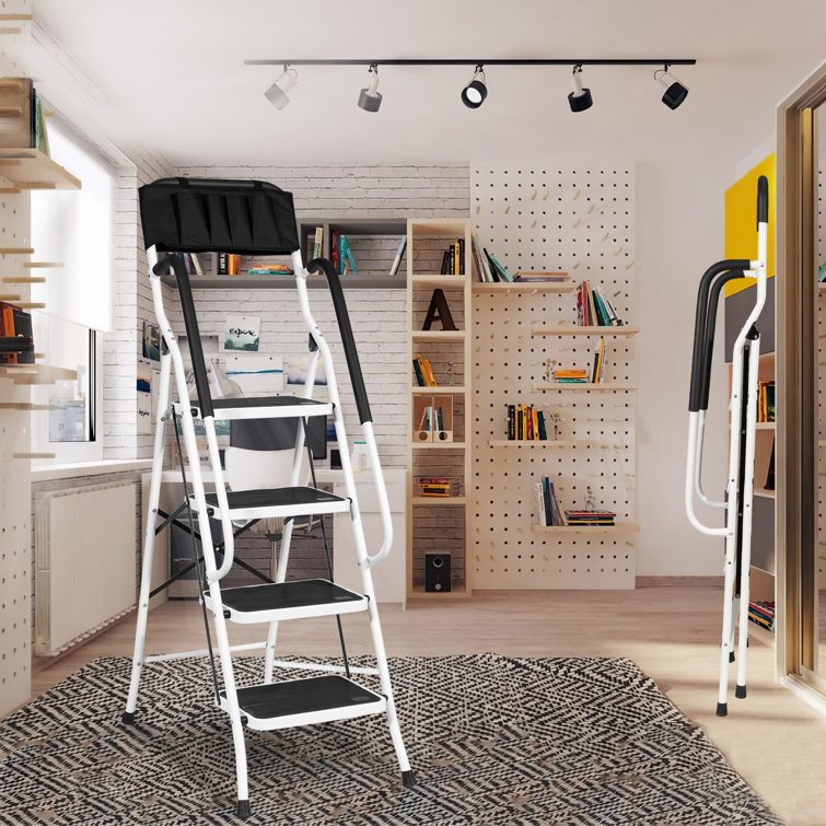 3 Step Ladder Folding Iron Stool Safe Anti-Slip Tread Mat White Black DIY 