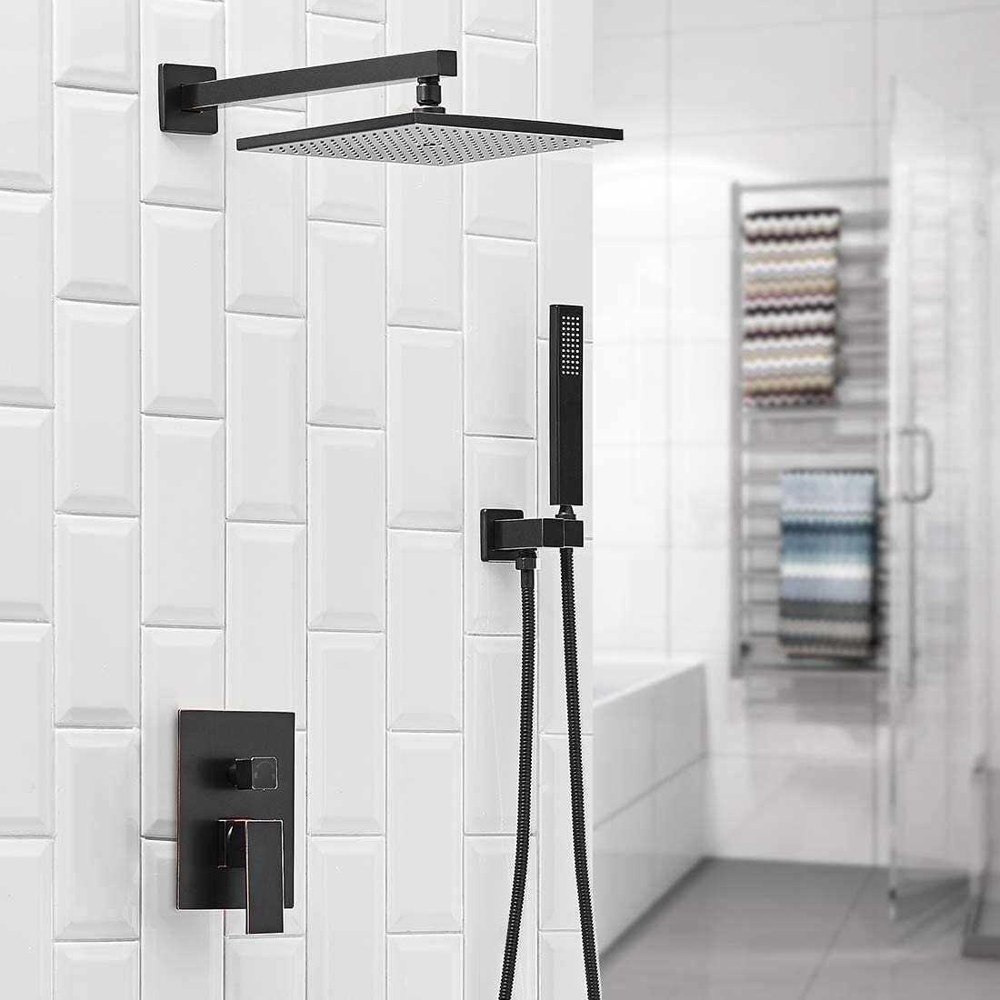 KOJOX Ceiling Oil Rubbed Bronze Shower System with 12 Inch Rain Shower head and Handheld Head Bathroom Shower Faucet Set Trim Kit with Valve Combo