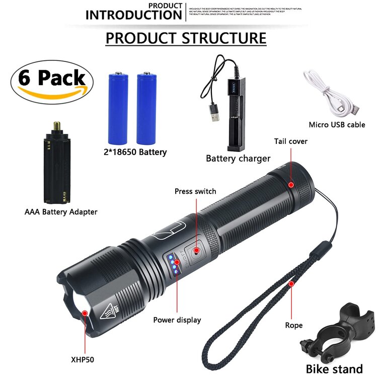 Tactical Flashlights Waterproof & Power Display 5 Modes Searchlight for Outdoor Camping 