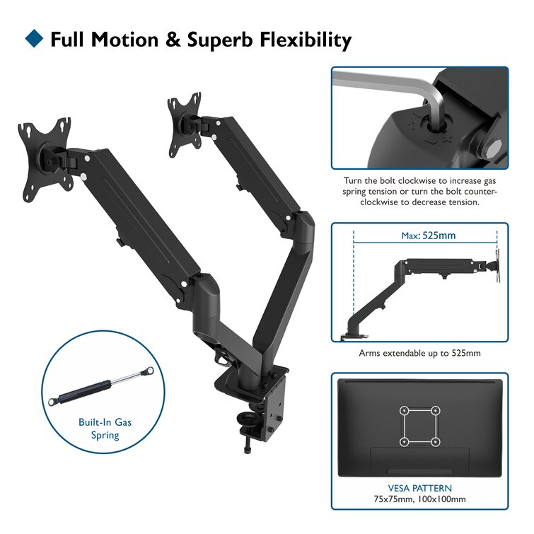 Articulating Gas Spring Monitor Arm MOUNTPRO Dual Monitor Desk Mount VESA 75x75 100x100 Removable VESA Mount Desk Stand with Clamp and Grommet Base Fits 13 to 27 Inch LCD Computer Monitors 