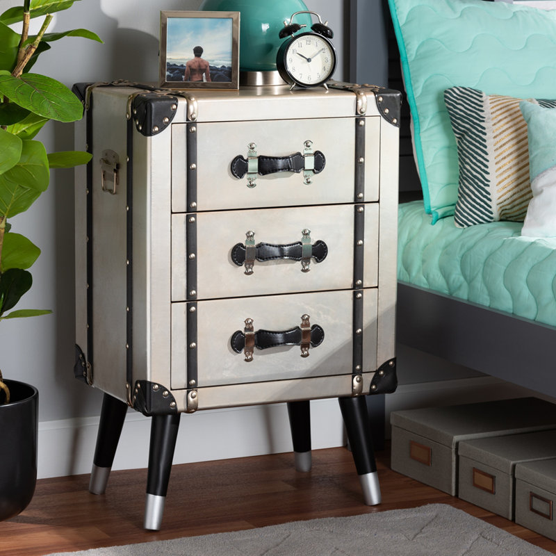 Williston Forge Hassie 3 Drawer Metal Nightstand In Antique Silver Wayfair