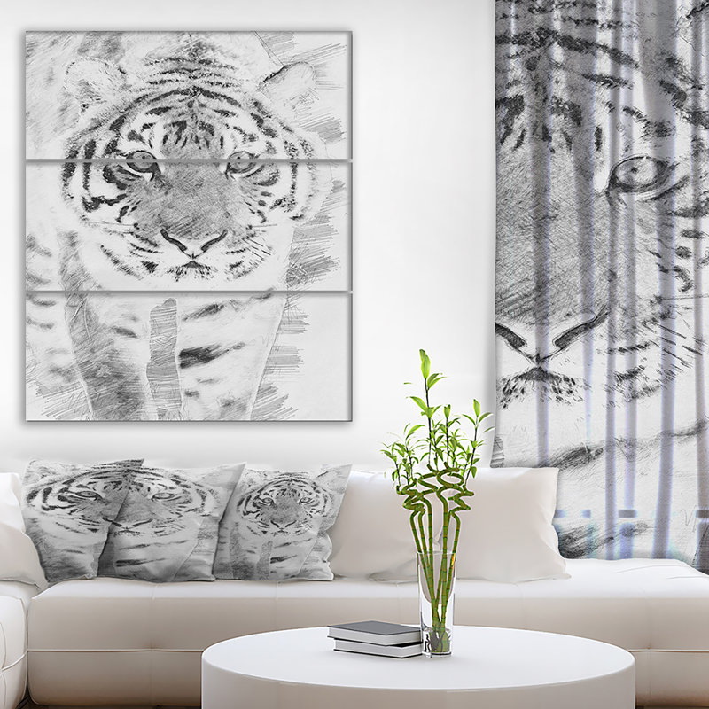 East Urban Home Black And White Tiger Sketch Oil Painting Print