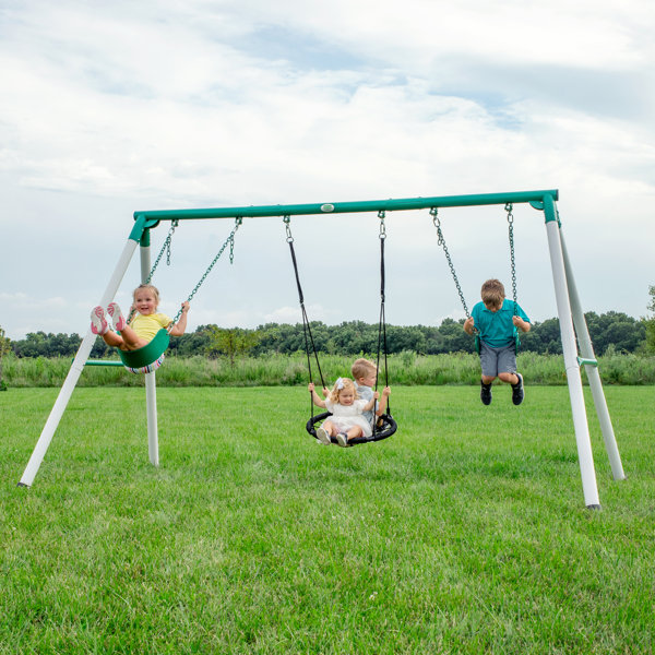 Kids Size Swing Set with 51 Inch Saucer Tree Swing Swivel and Heavy Duty A-Frame Metal Swing Stand with Basketball Basket 