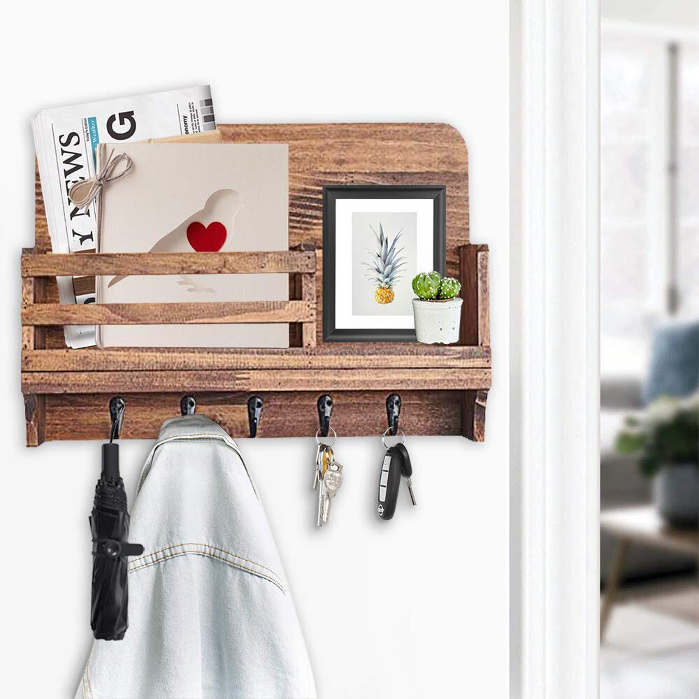 MyGift Wall Mounted Burnt Wood and Metal Pipe Entryway Mail Rack with Key Hooks