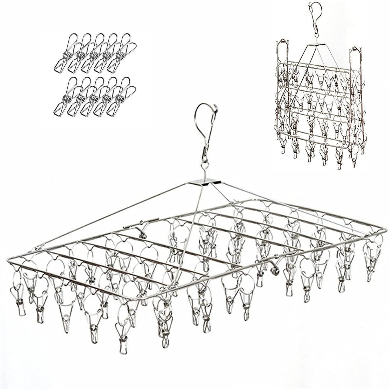 52 Clips on Compact Folding Stainless Steel Clothes Drying Rack Sock Baby Hanger 