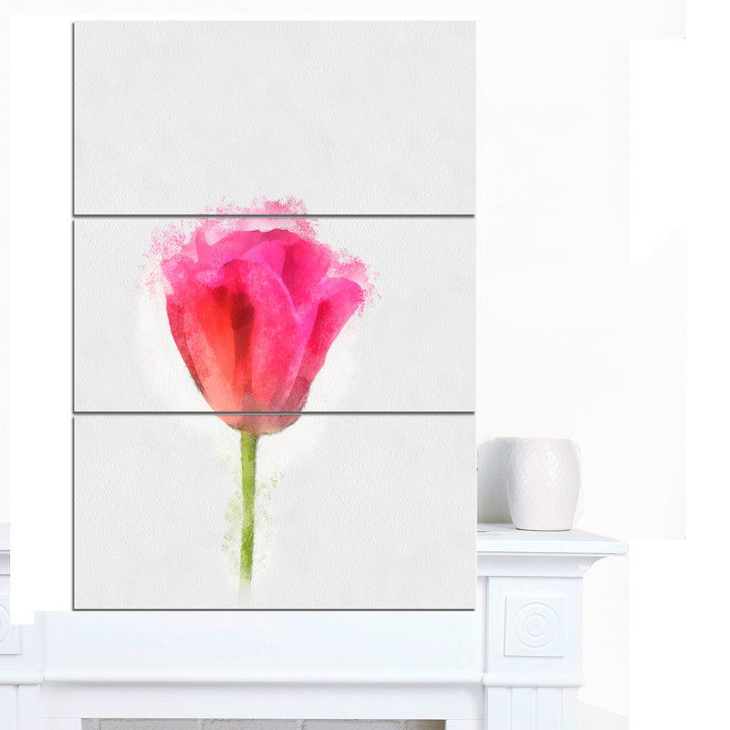Designart Bloomy Pink Tulip On White Drawing 3 Piece Painting