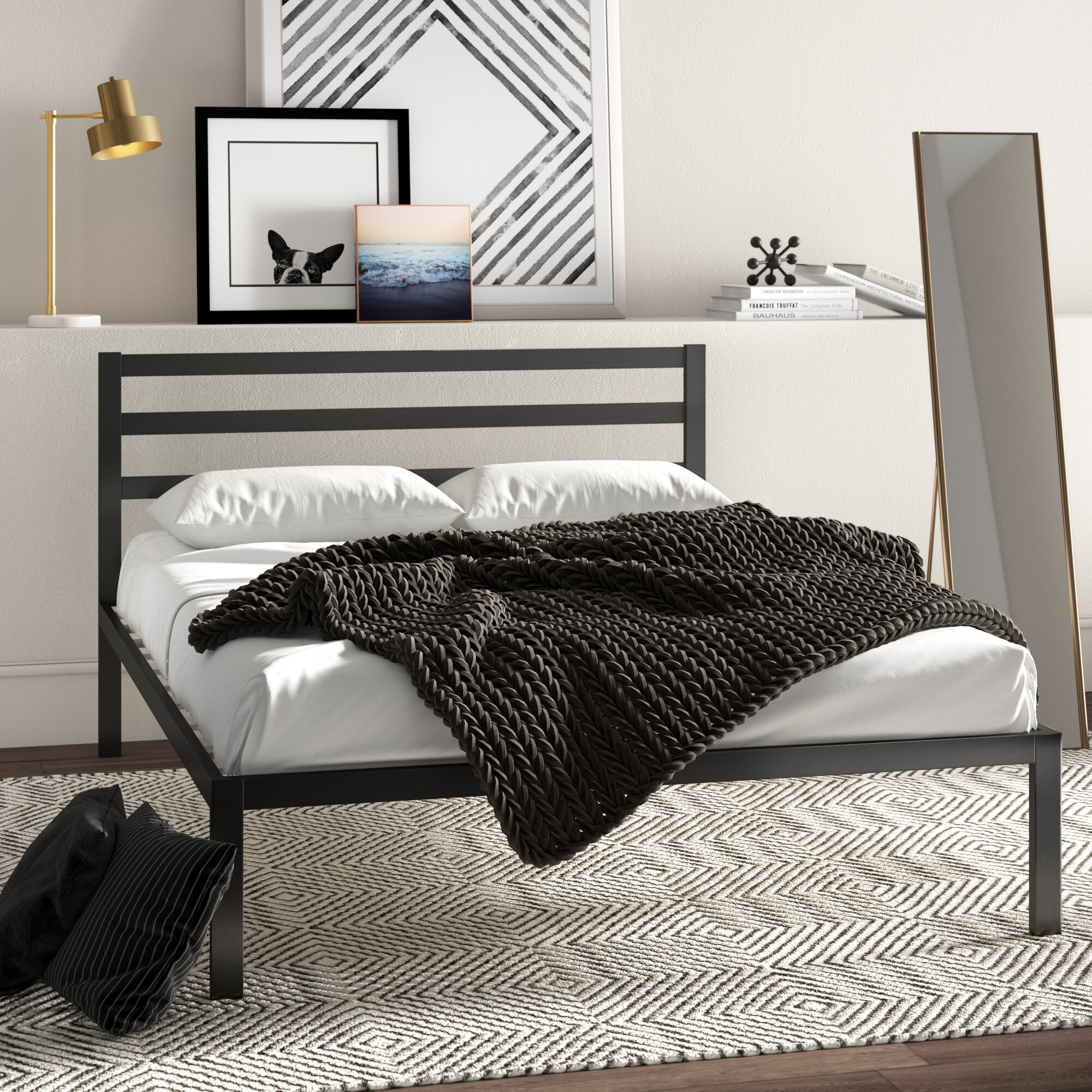 Metal Platform Bed Full Size Modern Beds Black Steel 10 Slats Bedroom Furniture 