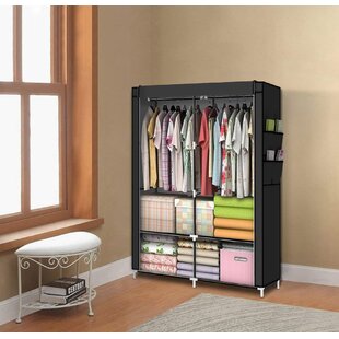 Metal Frame and Cover Navaris Canvas Effect Wardrobe Hanging Rail Comes with 5 Shelves Foldable Storage Cupboard for Clothes 88 x 170 x 45 cm 