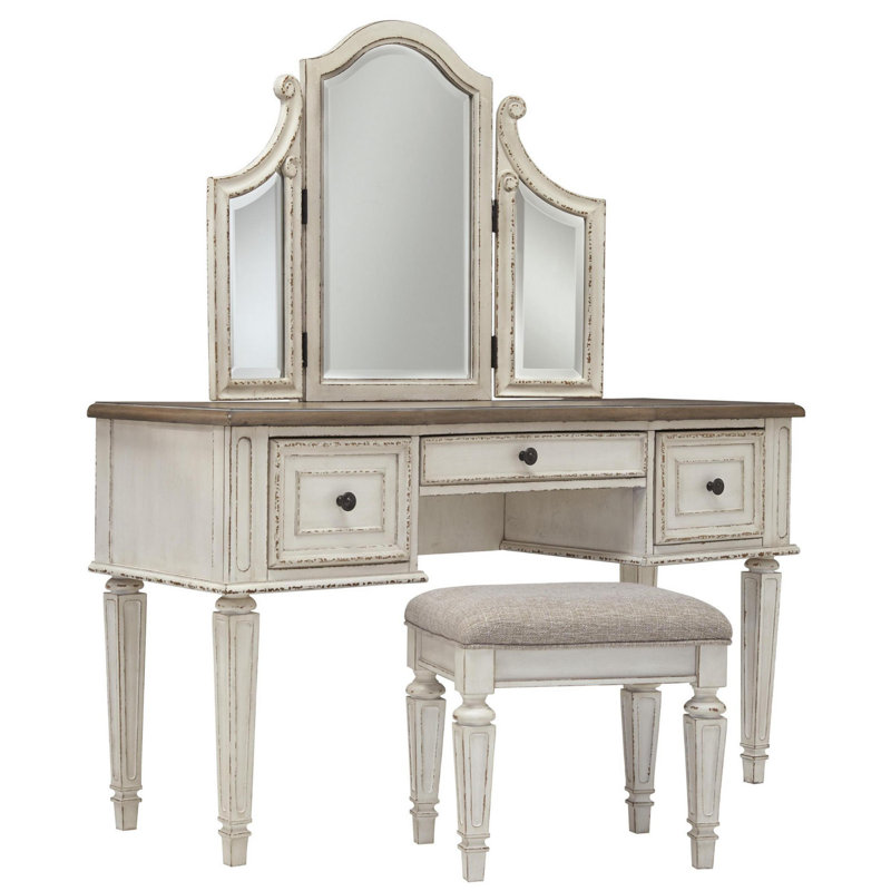 I love the modern style of this vanity and mirror set. charleston wooden vanity set with stool and mirror