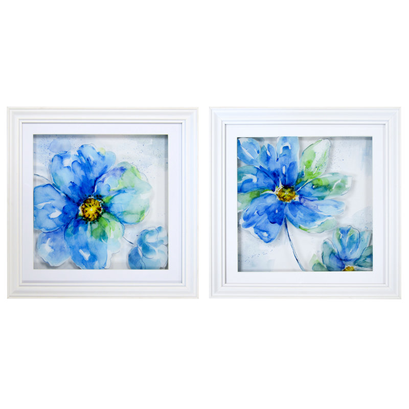 Latitude Run Blue Floral 2 Piece Framed Watercolor Painting