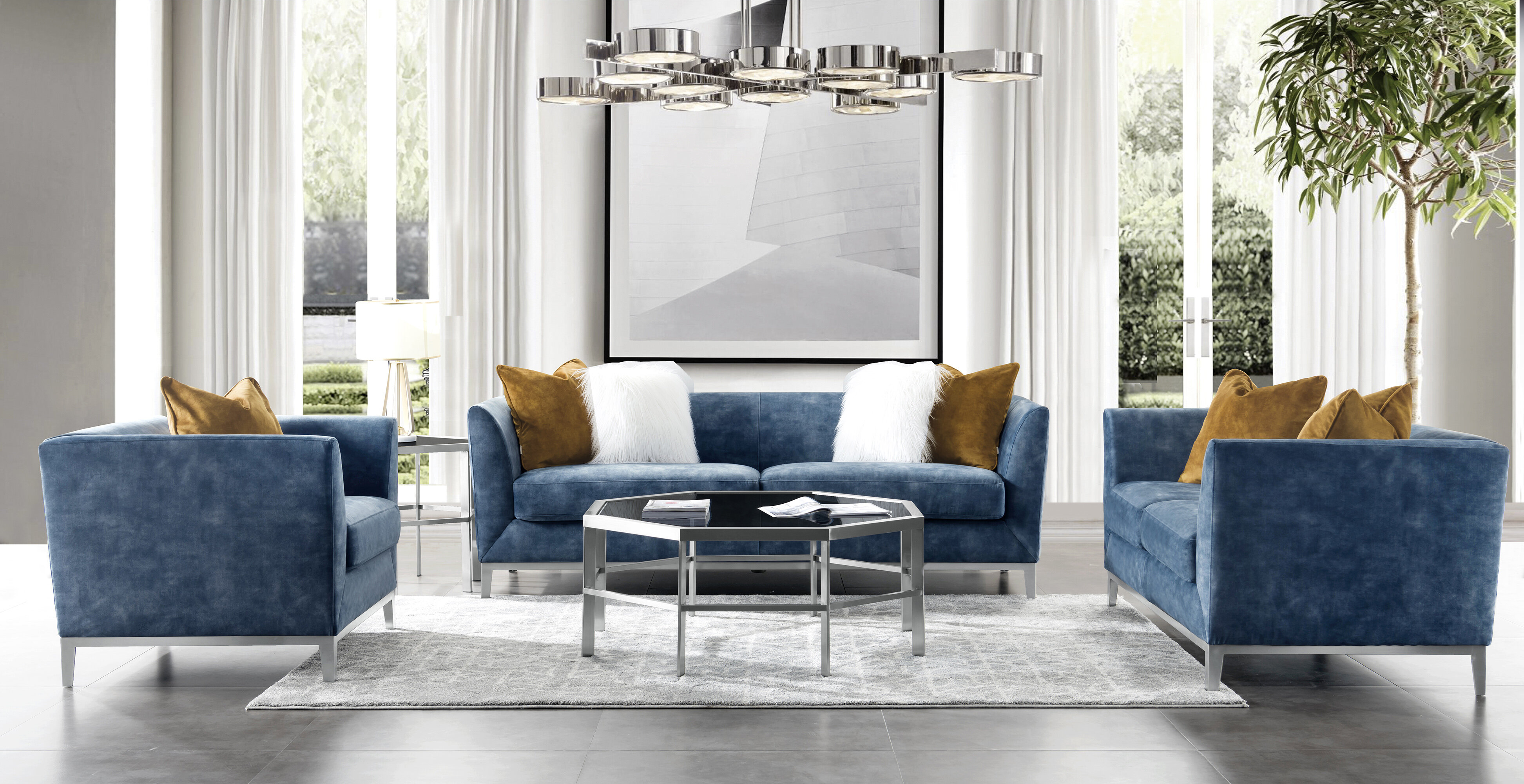 Ivy Bronx Acanva Mid-Century Modern Velvet 3 Piece Living Room Set | Wayfair