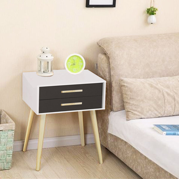 Corrigan Studio Nightstand Modern Fashion 4 Thin Long Legs Space Station 2 Tier Cubic Night Stand Storage Bedside Table With 2 Drawer Real Natural Paulownia Wood White Navy Wayfair Ca