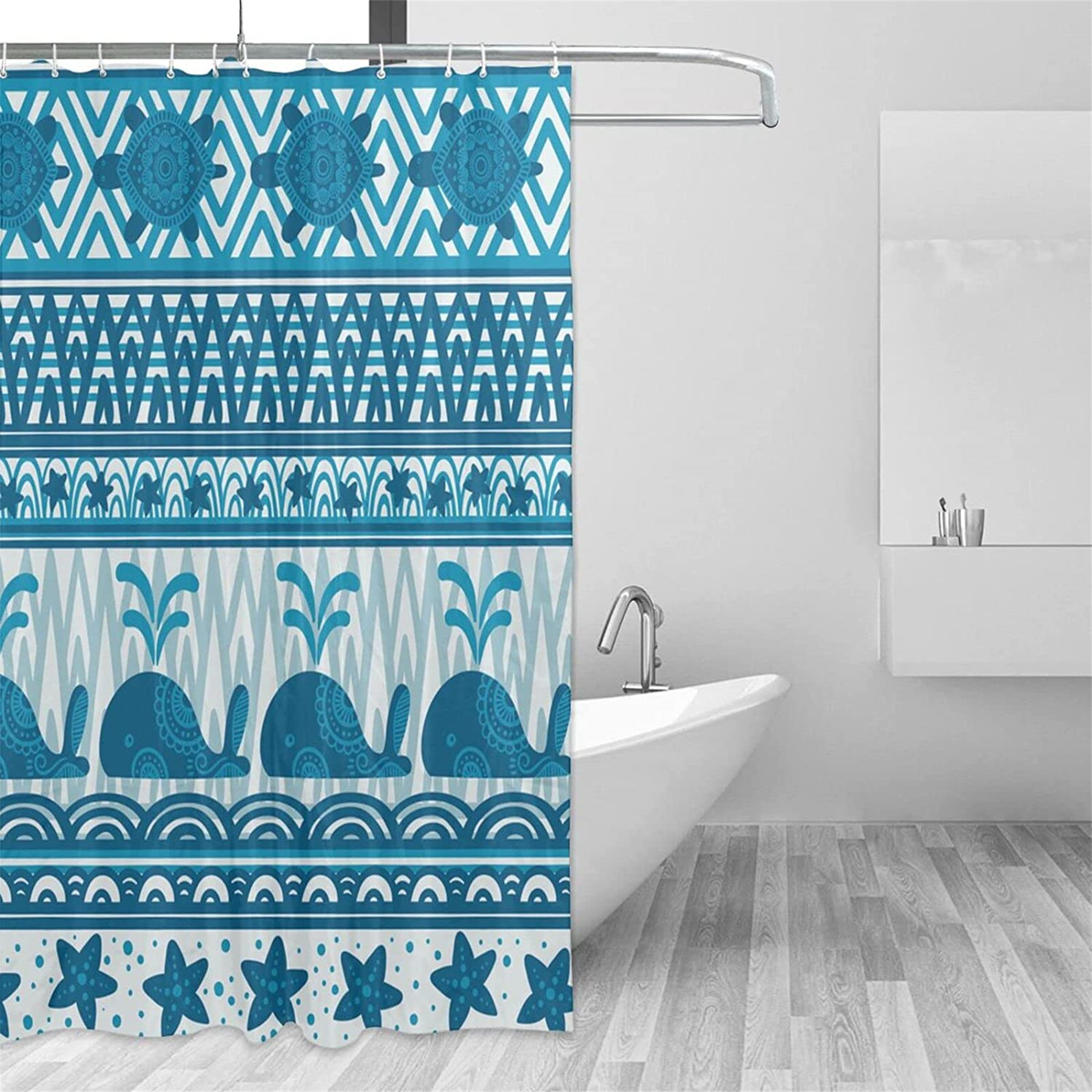 Bathroom Ocean Cartoon Shower Curtain Set Waterproof Polyester Fabric w/Hooks 