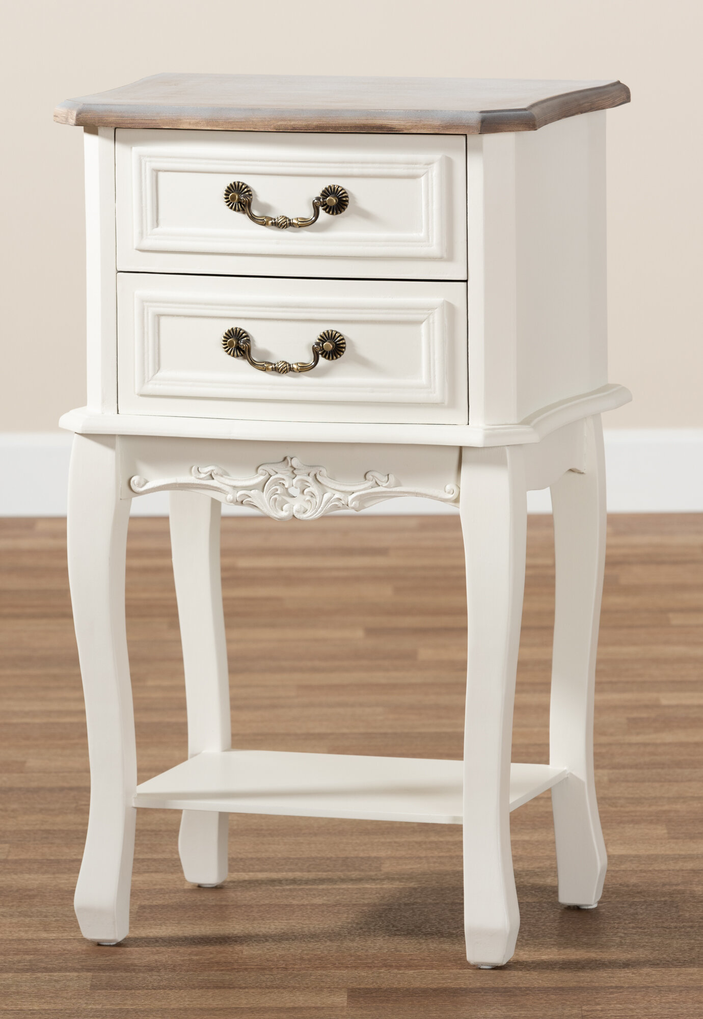 One Allium Way Theresa Antique French Country Cottage Two Tone White And Oak Finished 2 Drawer Wood Nightstand Wayfair