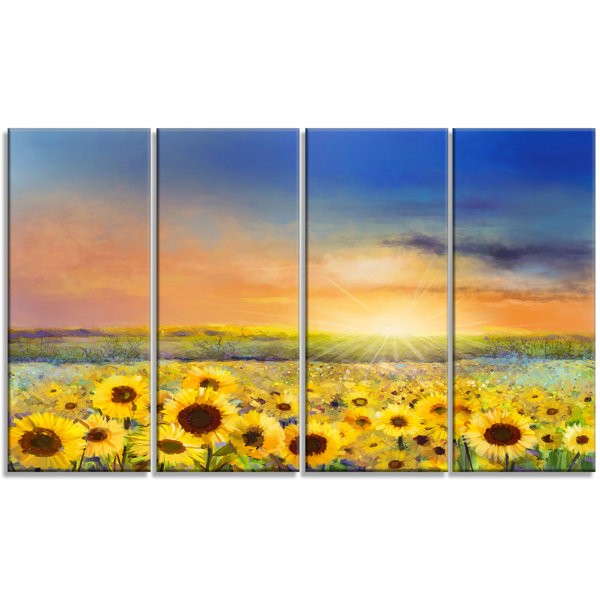 Designart Sunset Over Golden Sunflower Field 4 Piece Painting