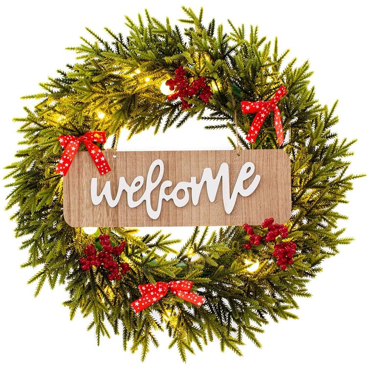 The Holiday Aisle® Christmas Wreath With Red Bow And LED Lights, Christmas Weaths For Front Door With Welcome Sign, Xmas Wreath For Holiday Christmas Party Decorations | Wayfair