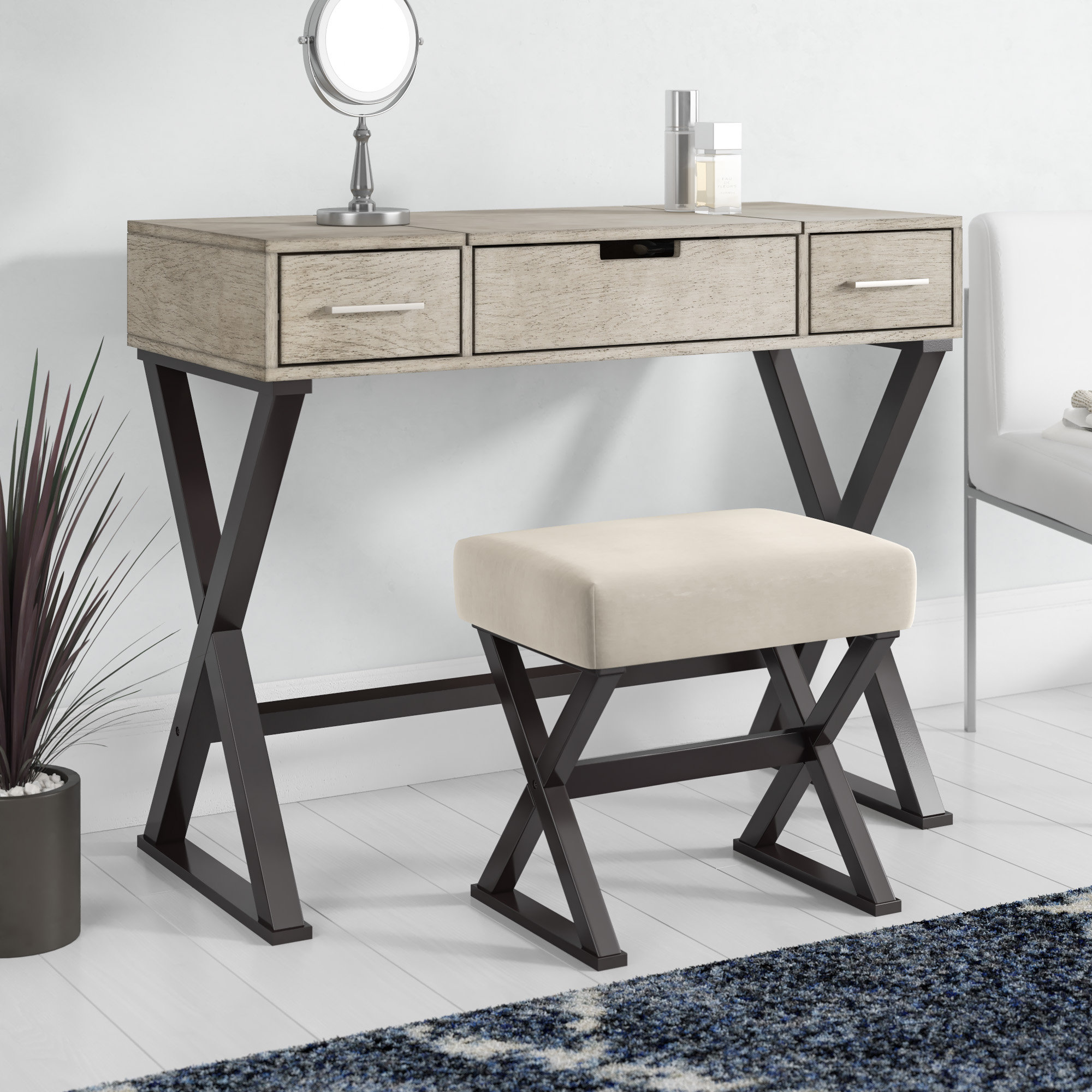 gray makeup vanity with lights