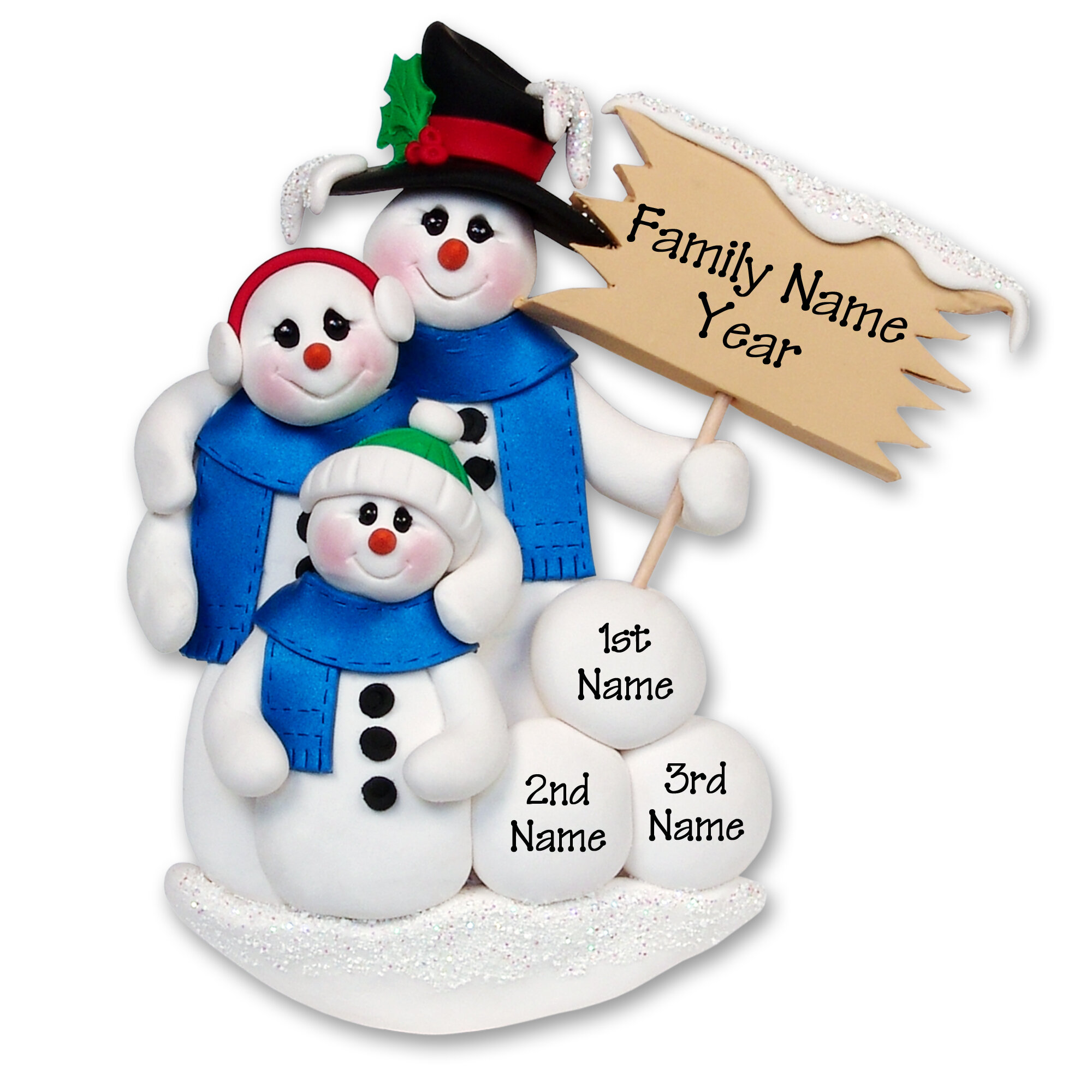 Personalized Snowman Family of 3 Christmas Ornament 