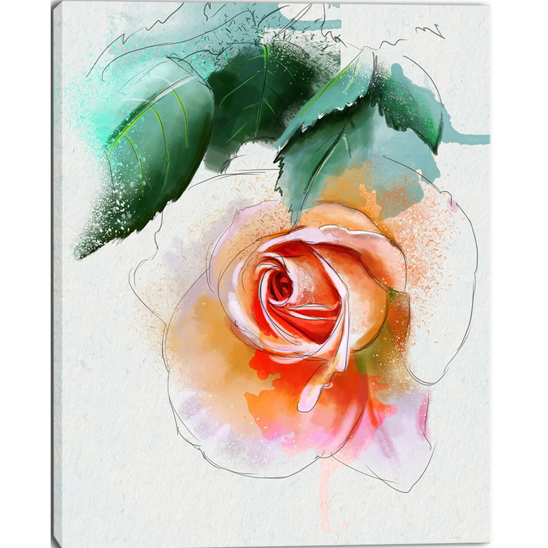 Designart Beautiful Red Rose With Leaves Painting Print On
