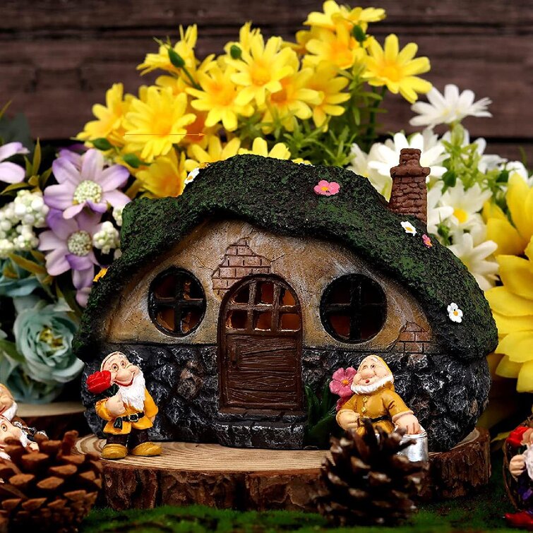 Solar Garden Ornament Fairy Door Magical Statue Fairy Mushrooms Colour Log House