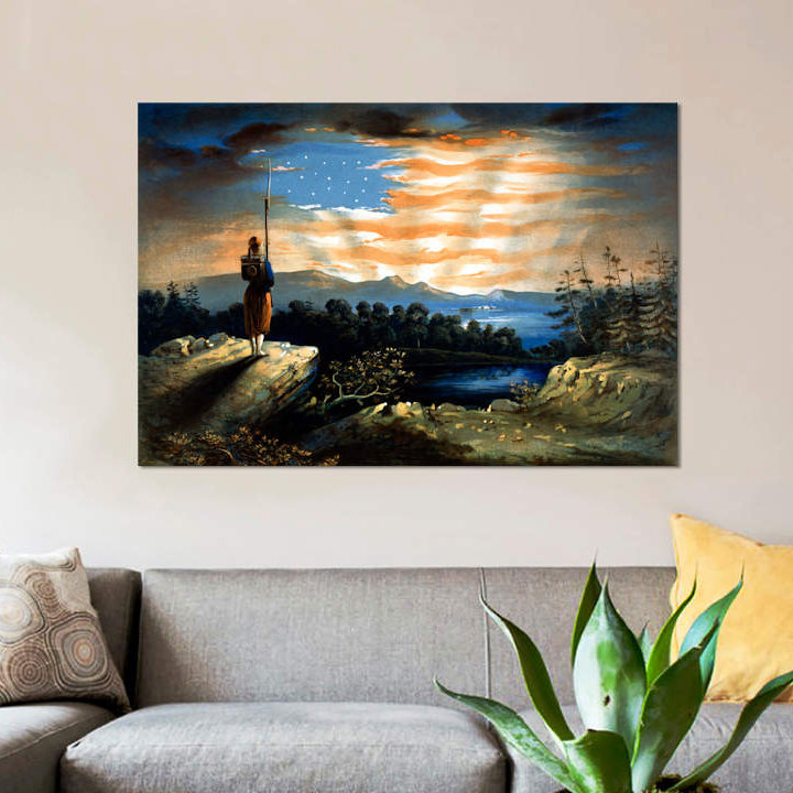vintage civil war painting of a lone zouave sentry overlooking a cliff graphic art print on canvas