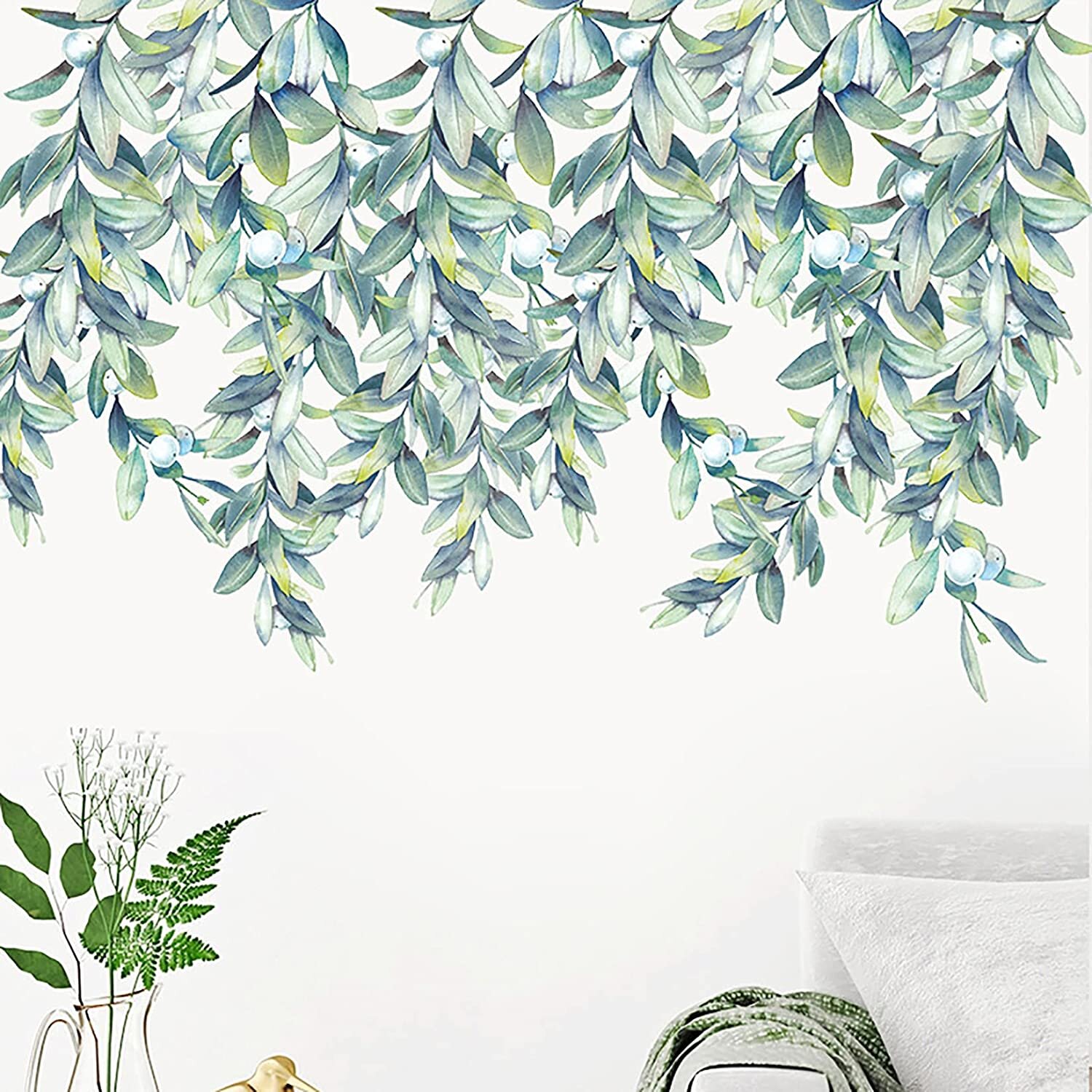 ULENDIS Removable Colorful Leaves Plants Flowers Wall Decals Waterproof DIY Flying Bird Wall Decor for Sofa Bedroom Living Room TV Background Wall Art Decor Hanging Green Vine Wall Stickers 