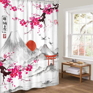 Flower Cherry Blossom Red Sun Shower Curtains Japanese Art Ocean Shower Curtain 