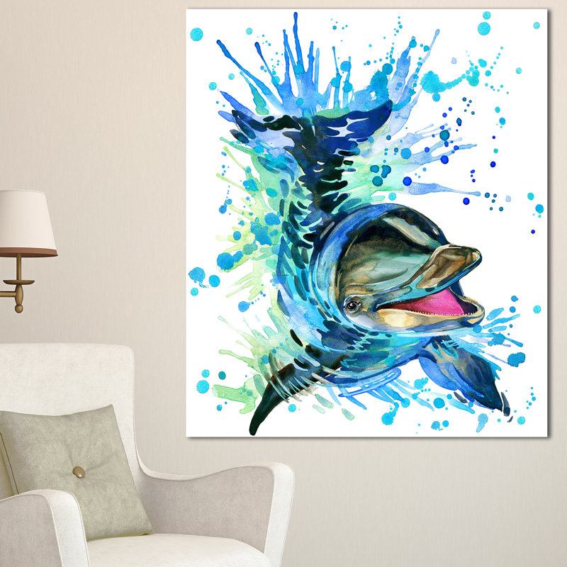 Designart Large Blue Dolphin Watercolor Painting Print On