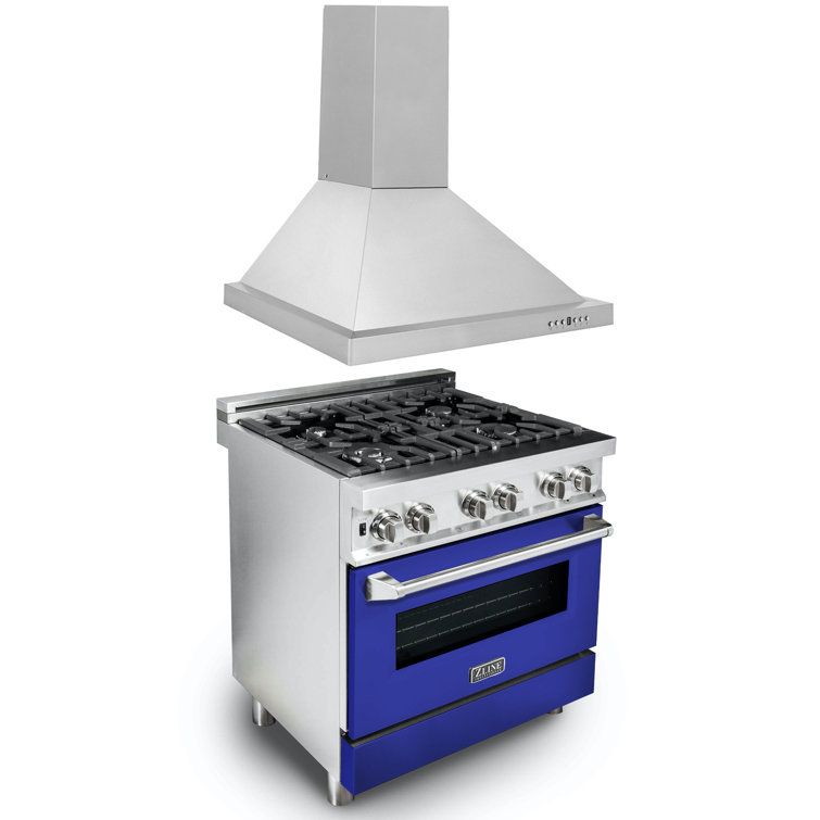 Zline Kitchen And Bath Zline 30 Dual Fuel Range With Blue Gloss Door And Stainless Steel Range Hood Reviews Wayfair