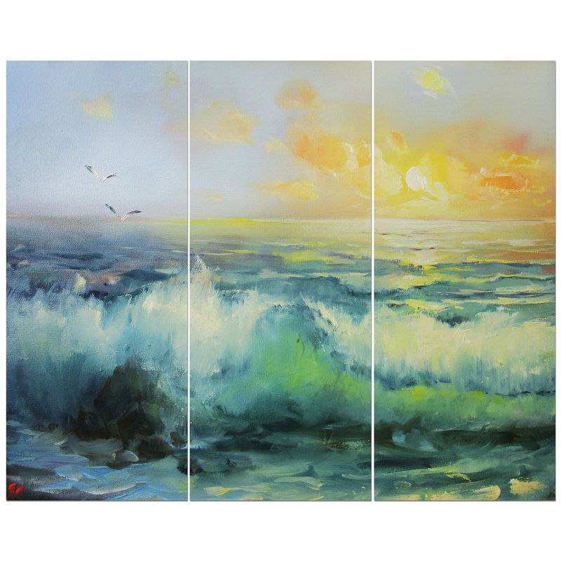 East Urban Home Small Wave In Sea Sunset Oil Painting Print