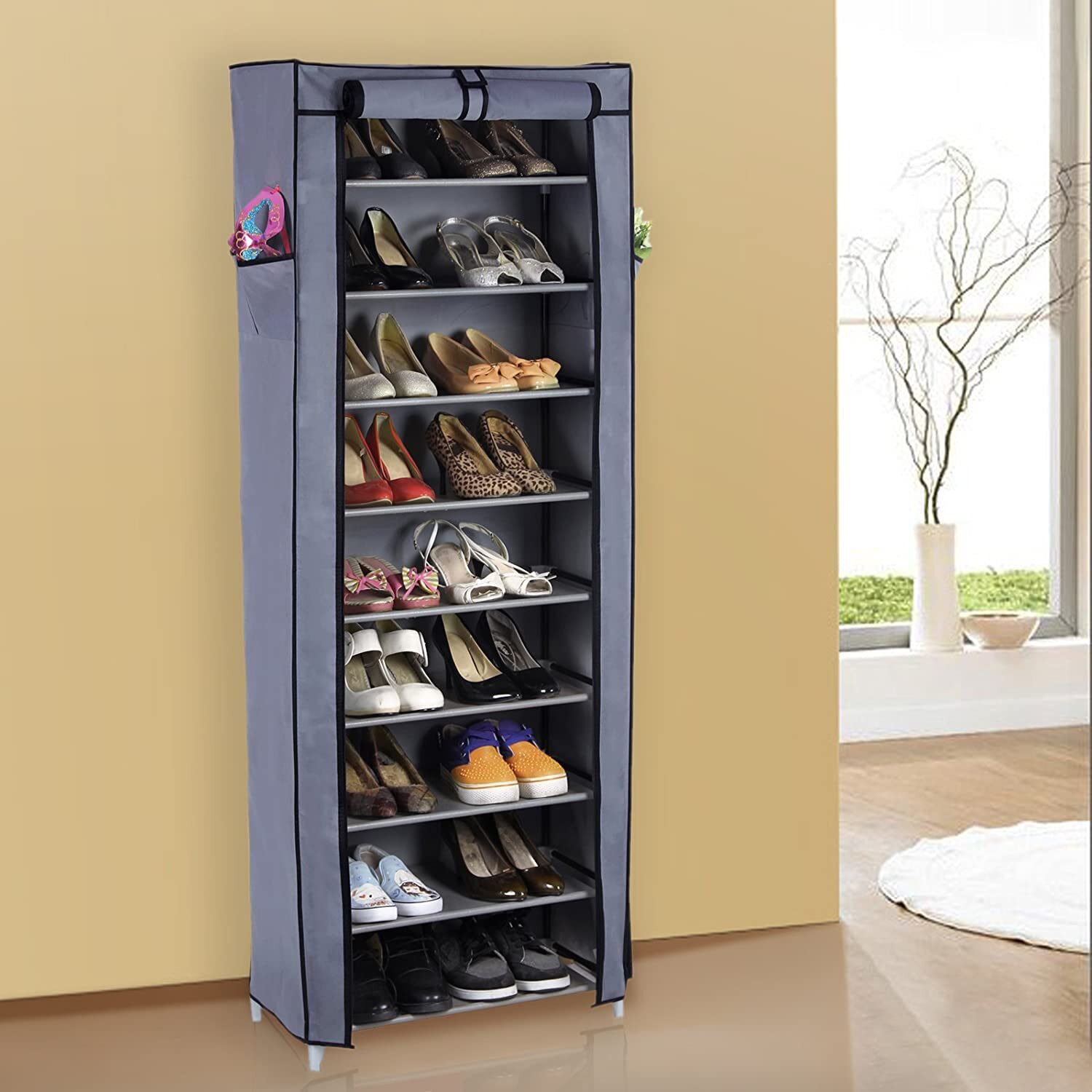 Rebrilliant 10 Tier Shoe Tower Rack With Cover 27 Pair Space Saving Shoe Storage Organizer Grey Wayfair Ca