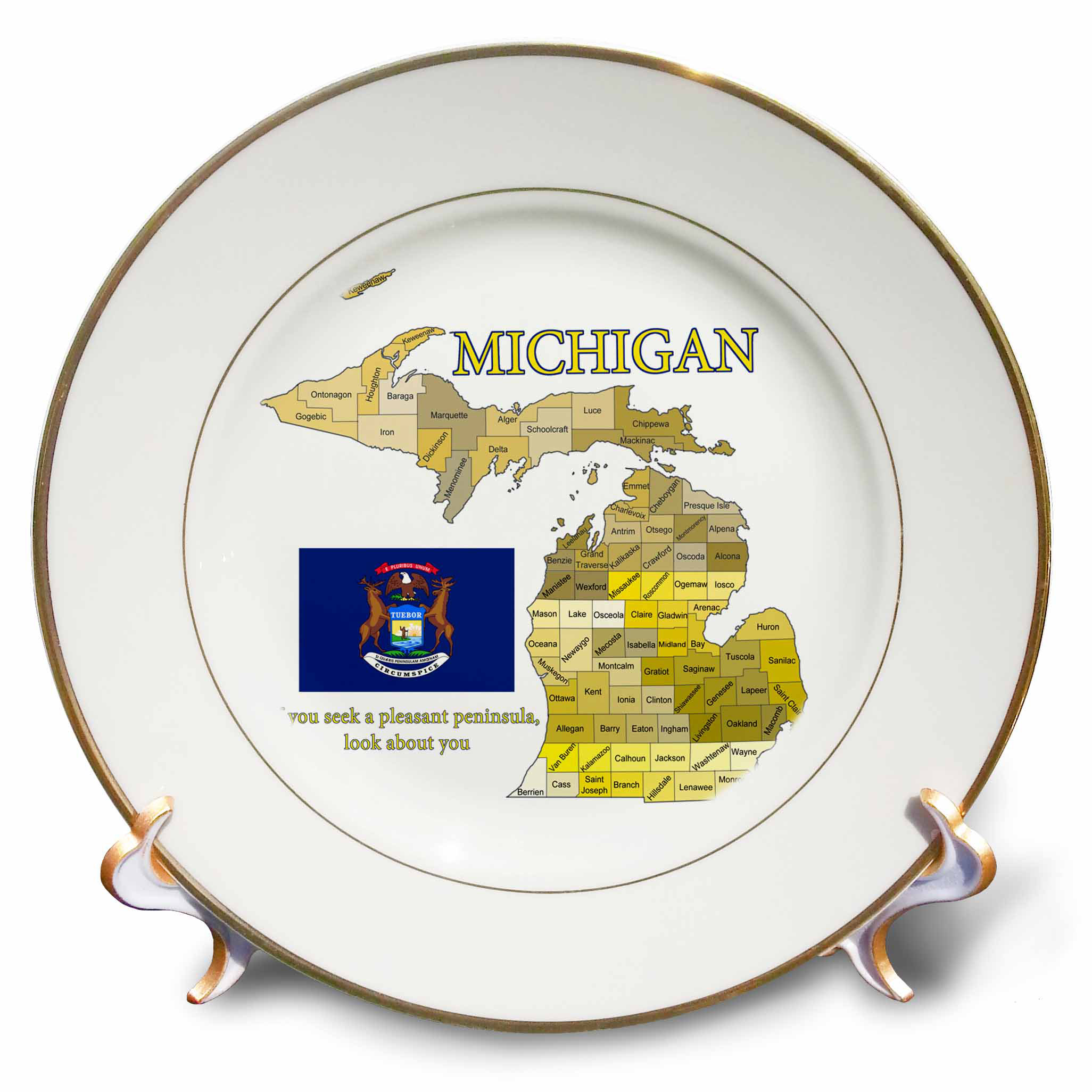 East Urban Home Flag Map And Motto Of Michigan With All Counties Labeled Porcelain Decorative Plate Wayfair