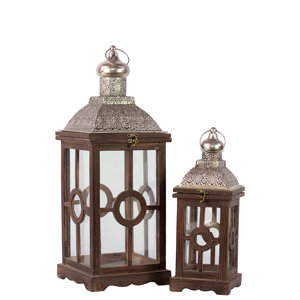 2 Piece Lamp Post Design Wooden Lantern Set