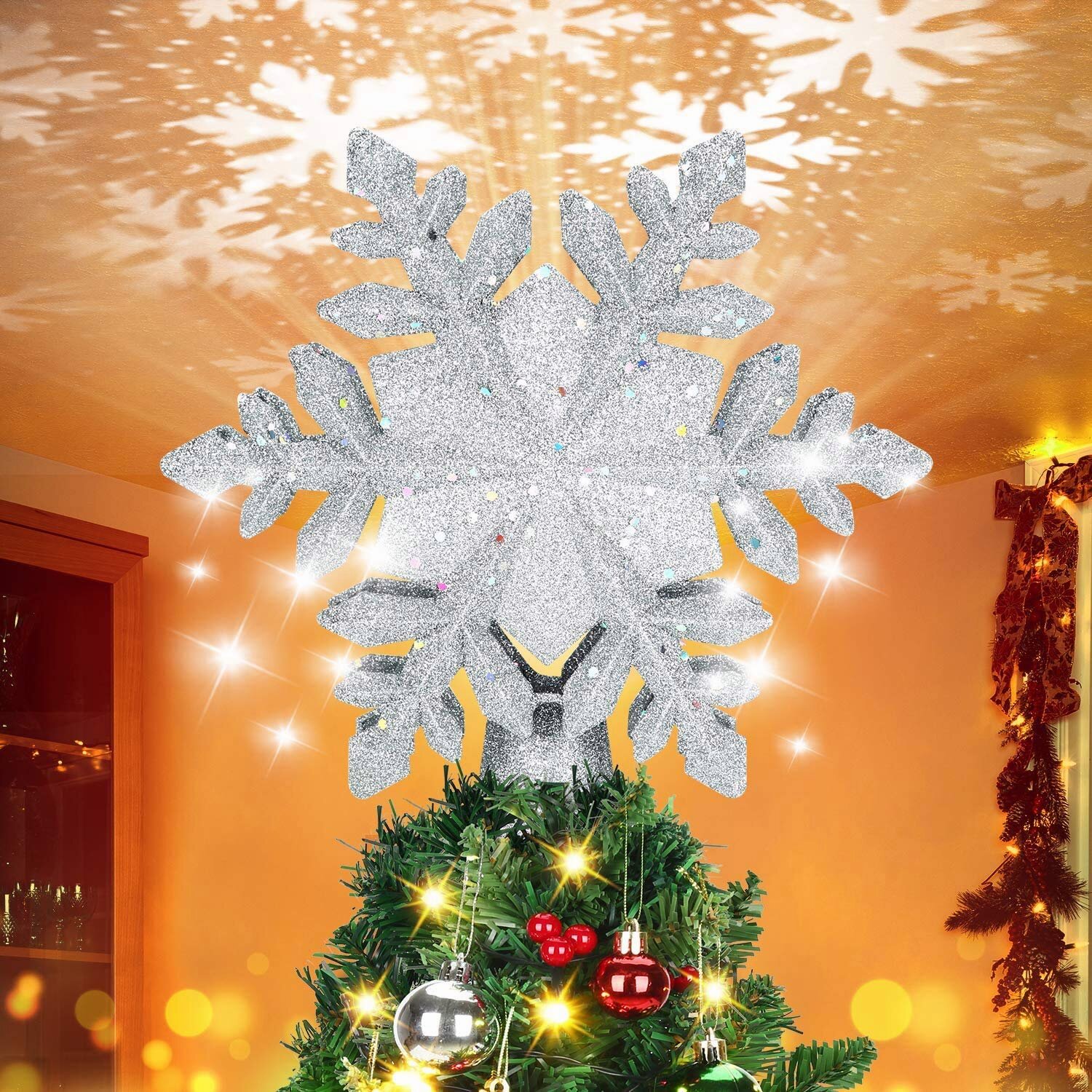 9 inch Christmas Tree Topper Lighted LED Rotating Magic Snowflake Projector USA