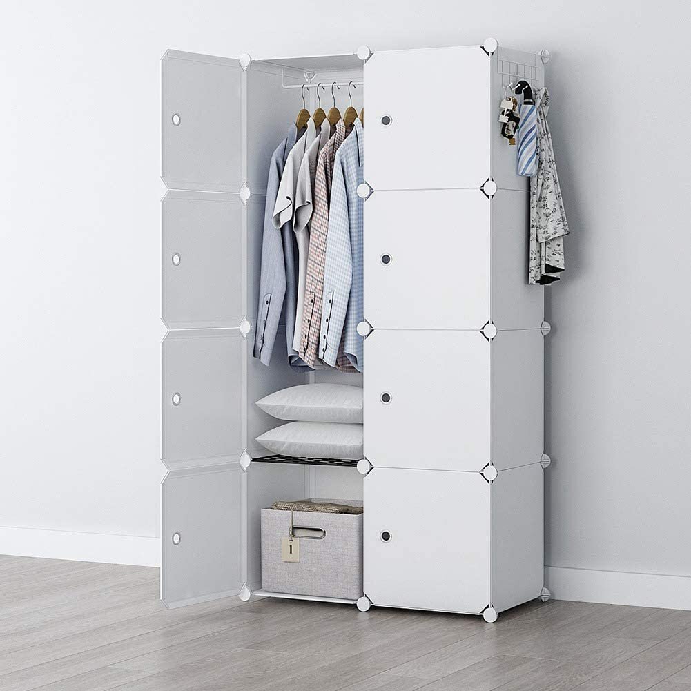 Portable Wardrobe Clothes Closet Plastic Dresser White 2x4 Tiers 18" Depth 