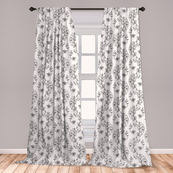 Ambesonne Black And White Curtains Scroll And Swirls Pattern With Tiny Stems Full Of Leaves And Lilies Window Treatments 2 Panel Set For Living Room