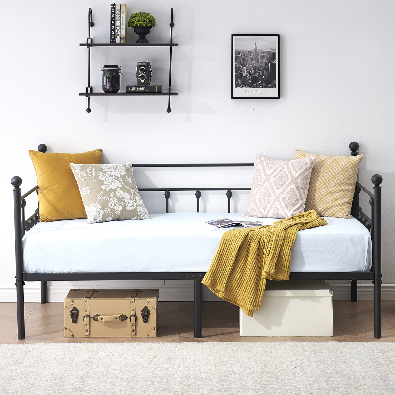 Beige, Metal Slats 190 CM Mattress Aingoo Metal Daybed Bed Frame Single Size Day Bed Steel Slat with Headboard Fits for 90 