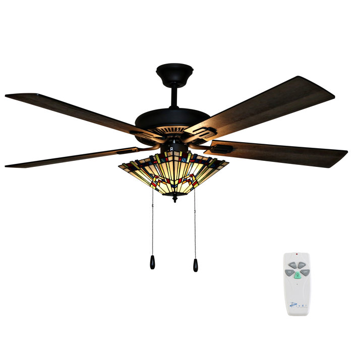 52 Loken Craftsman Stained Glass 5 Blade Ceiling Fan Light Kit Included